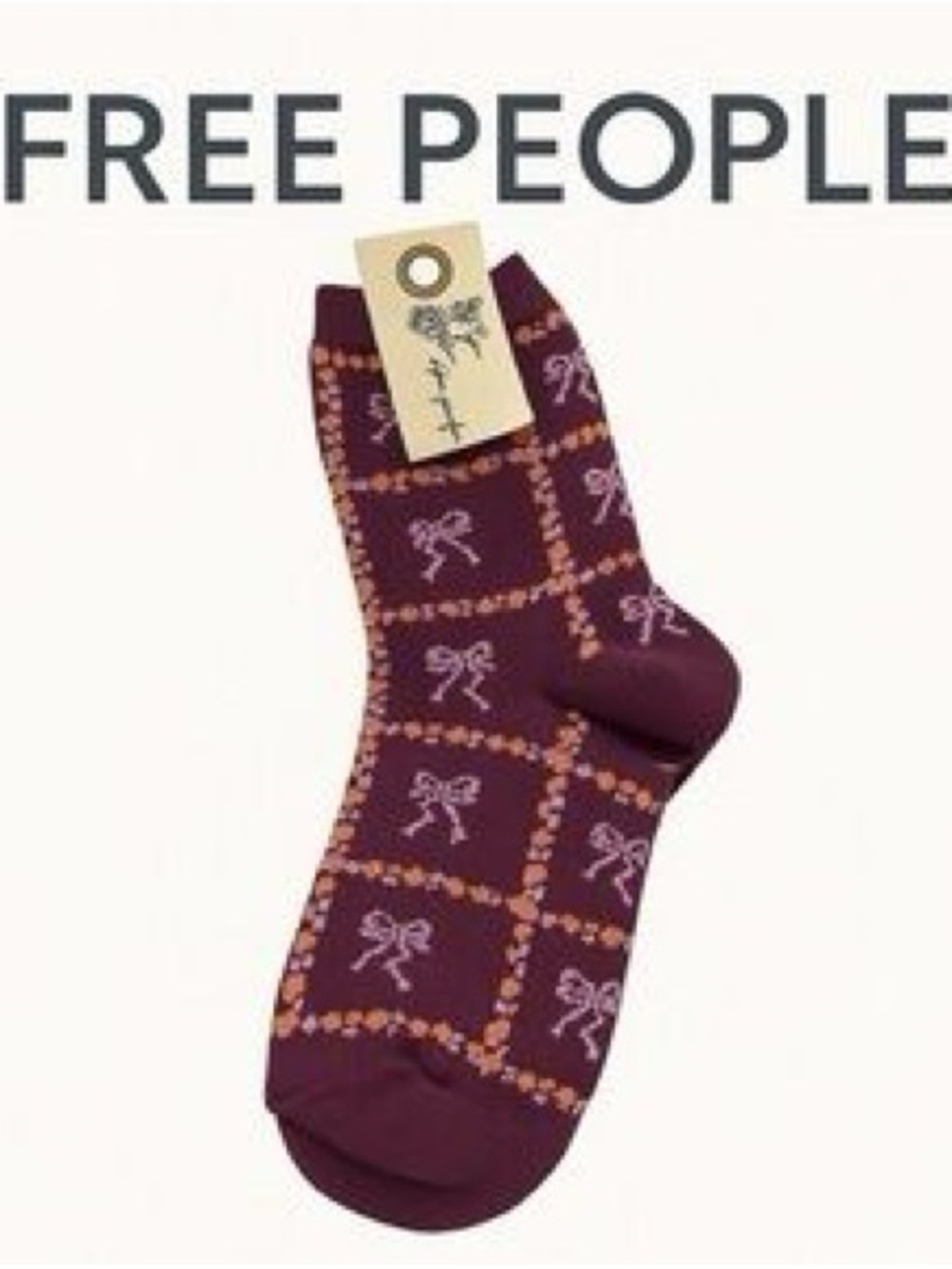 🆕 🎀Free People🎀 Tie A Bow Crew Sock. Rose/Tyrie. Size All